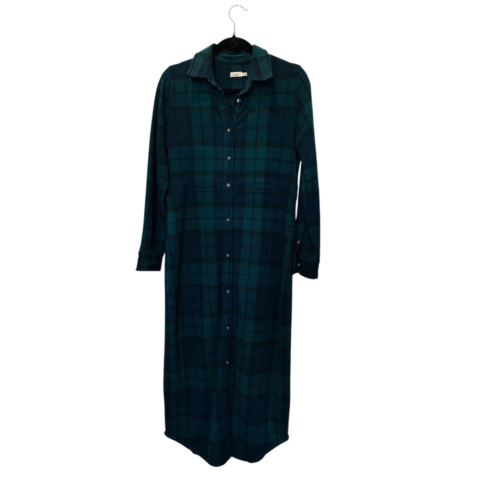Faherty Plaid Maxi Shirt‎ Dress Green Navy Blue Blackwatch Button Down Small